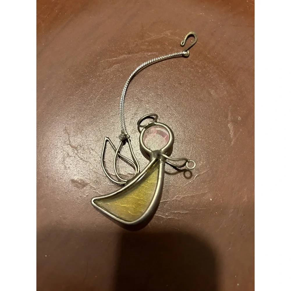 Vintage Pink & Yellow Stained Glass Angel Figurine‎ Christmas Ornament